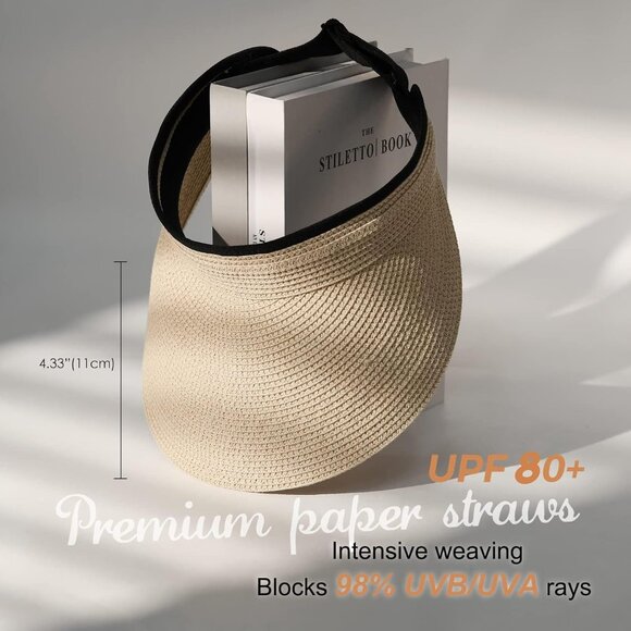 Women’s Straw Sun Visor Hat UPF 80+ Packable Wide Brim Summer Beach Travel - Picture 2 of 8